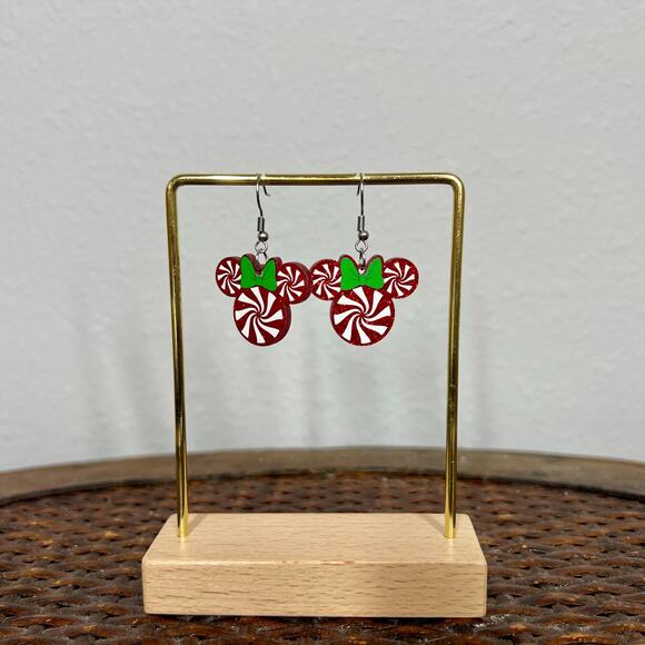 🎄 Candy Cane Minnie Earrings | Disney-Inspired Christmas Acrylic Drop Earrings - Picture 3 of 3